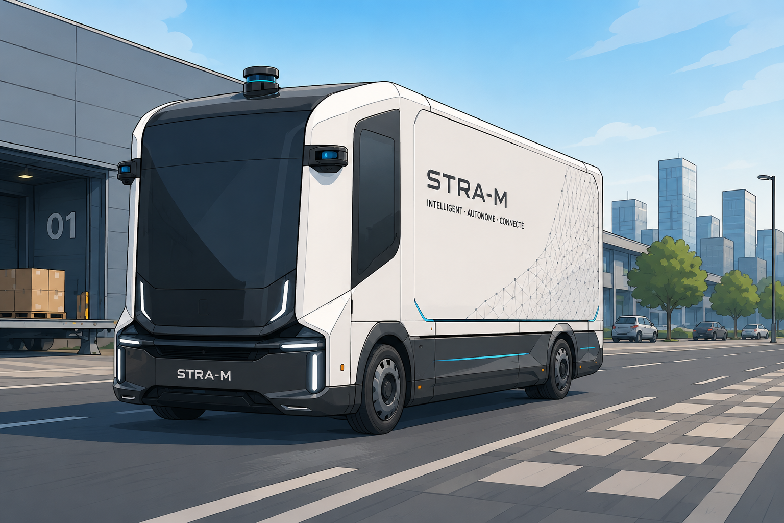Vue d'artiste d'un véhicule de transport routier automatisé de marchandises